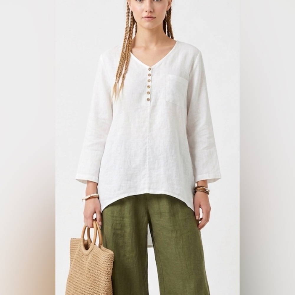 Terzo Millennio White 100% Linen Tunic Top High Low Lagenlook Large